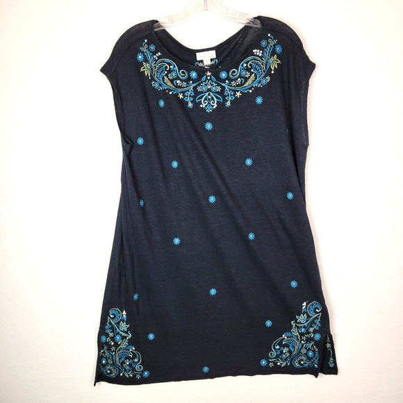 J. Jill Womens Embroidered Linen Floral Tunic Top Size Large Blue Lightweight - Picture 1 of 8